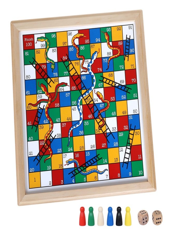 Gothink Wooden Snakes and Ladders Game - 13 Inch Educational Board Game for Children Ages 3 and Up & Adults - Classic Board Game Includes 6 Counters & 2 Dice, Rules - Image 1